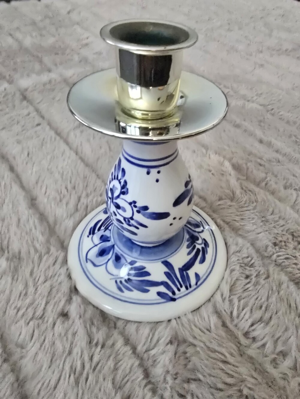 Vintage Blue and White Ceramic Candle Holder with Silver Accent